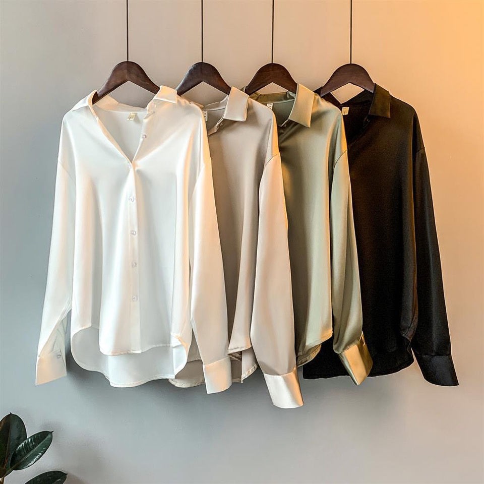 Áo Sơ Mi Nữ Vải Satin Dài Tay Dáng Rộng Thoải Mái Phong Cách Retro