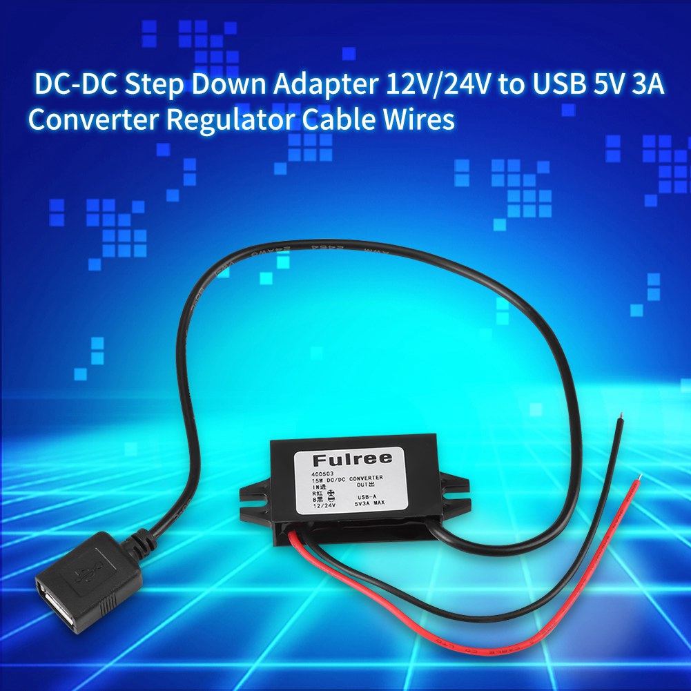 1pc DC-DC Step Down Adapter 12V/24V to USB 5V 3A Converter Regulator Cable Wires