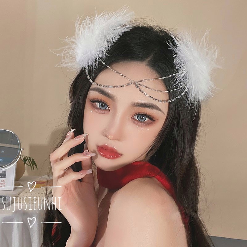 (Có video) 1 đôi kẹp tóc lông vũ kèm chuỗi xích lệch bên đính đá trang trí trán- phụ kiện chụp ảnh cosplay