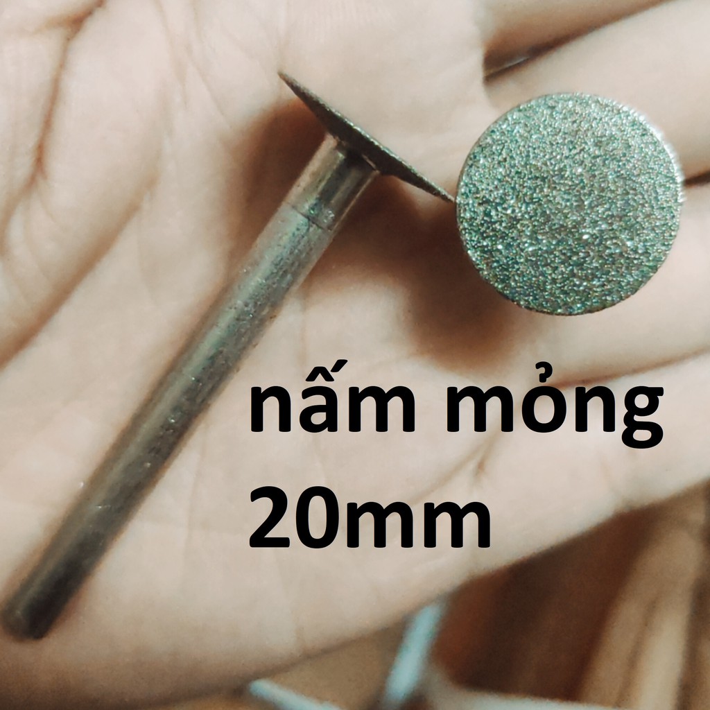 Mũi mài kim cương, mũi mài khắc đá, ngọc, hình nấm mỏng 20mm, cán 6mm