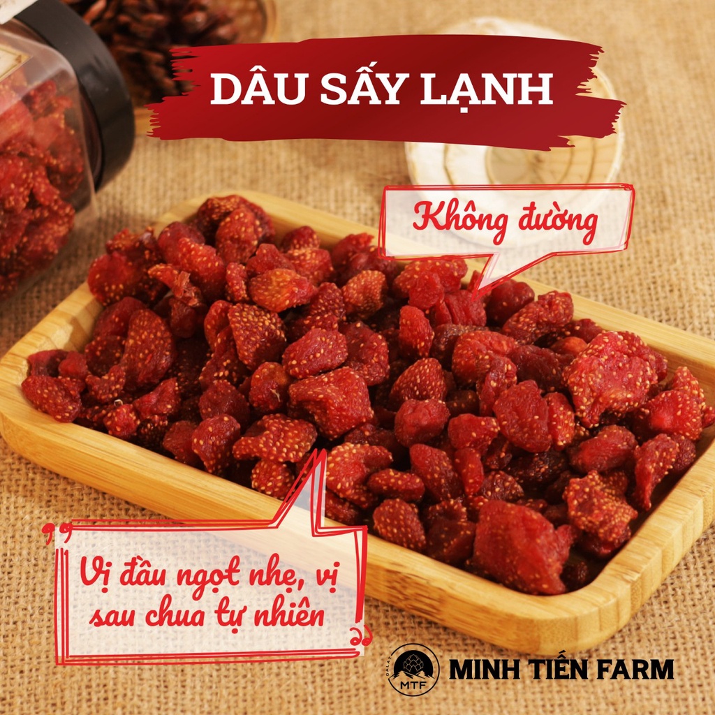 Dâu tây sấy dẻo, dâu tây sấy giòn không đường 100gr- 350gr, trái cây sấy Organic Gốc Đà Lạt Minh Tiến Farm
