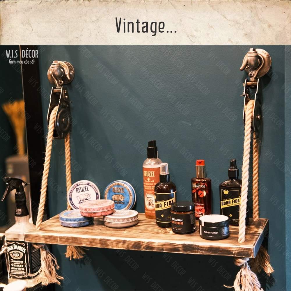 Kệ Ròng Rọc Thừng - Kệ Thiết Kế Độc Đáo Trang Trí Baber Shop, Salon Tóc , Bar, Coffee