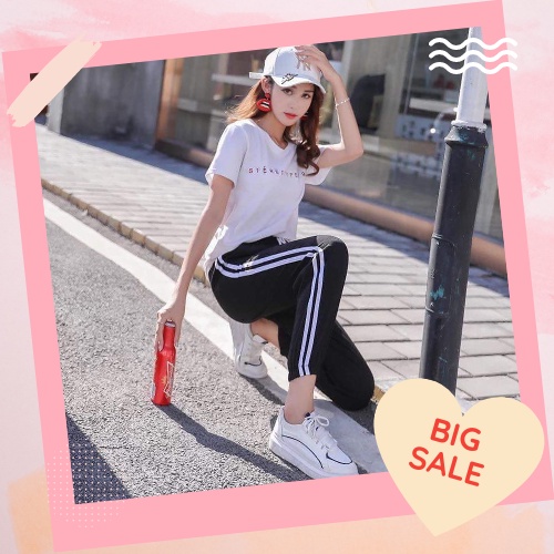 Quần baggy nữ 2 sọc thể thao chất thun cotton siêu đẹp ống bó