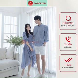 SET ĐỒ ĐÔI NAM NỮ ĐẸP COUPLE TINA SET ĐỒ CẶP NAM NỮ CARO XANH TRẮNG VÀ PHẦN CHÂN VÁY ĐẮP CHÉO CÁCH ĐIỆU SIÊU XINH