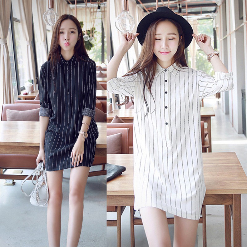 Đầm sơmi họa tiết kẻ sọc tay dài cổ bẻ thanh lịch thời trang cho nữ | BigBuy360 - bigbuy360.vn