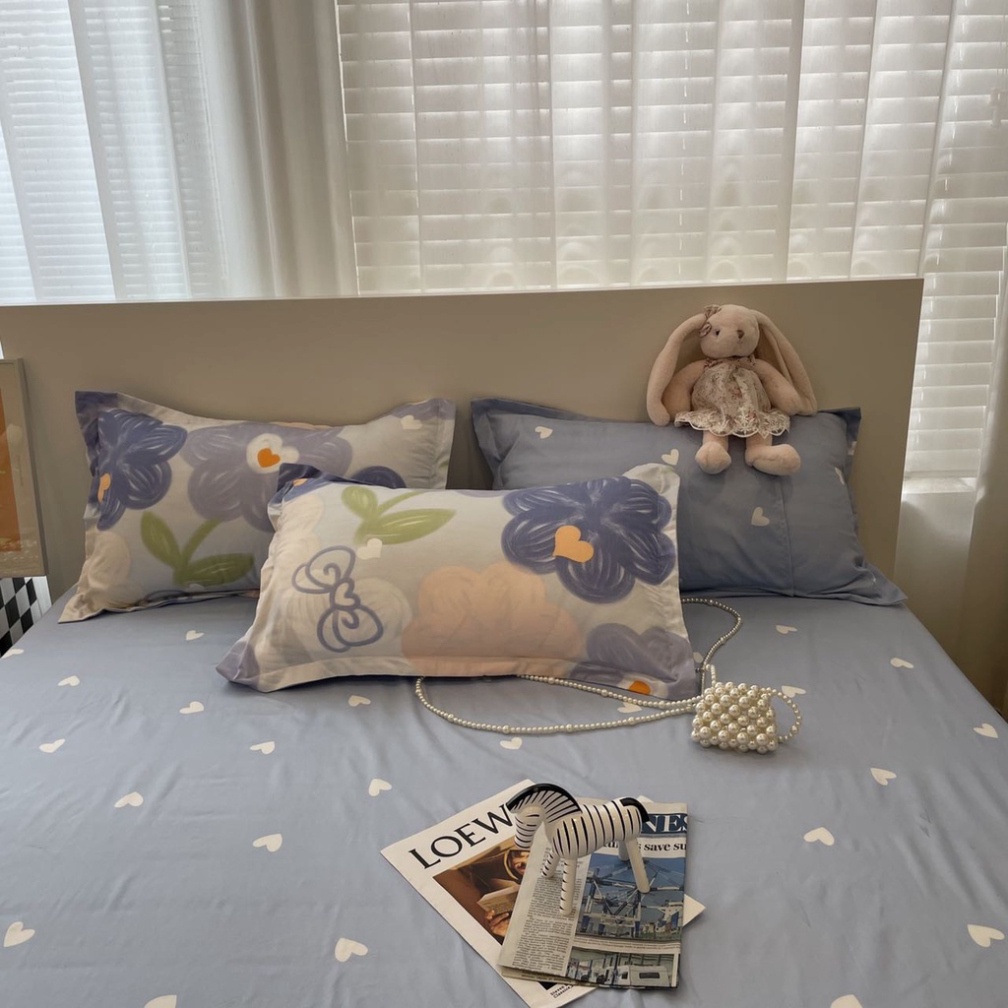 Bộ chăn ga gối cotton poly phong cách dễ thương - Mẫu hoa sáp xanh Drap Giường Đủ Kích Thước Trải Nệm 1m, 1m2, 1m4, 1m6,