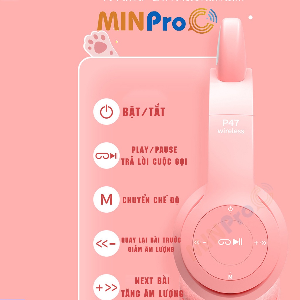 Tai nghe chụp tai mèo bluetooth 5.0 cute, Headphone tai mèo 7 màu led phát sáng không dây có mic chính hãng - MINPRO