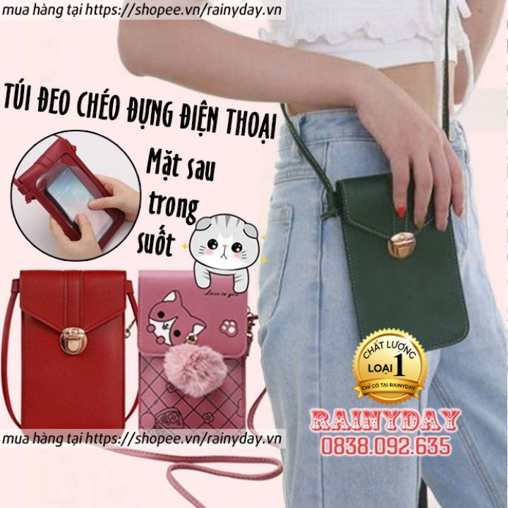 Túi đeo chéo đựng điện thoại nữ mini, túi đựng điện thoại nhỏ đi chơi thời trang bằng da 2 ngăn trong suốt