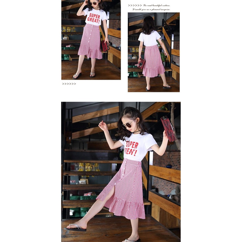 Set áo thun in chữ + chân váy caro cho bé gái 3-14 tuổi 110-160cm