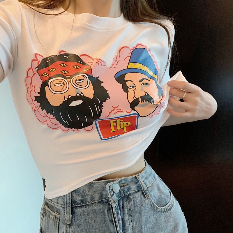 Áo Croptop Ngắn Tay In Họa Tiết Xinh Xắn Dành Cho Nữ