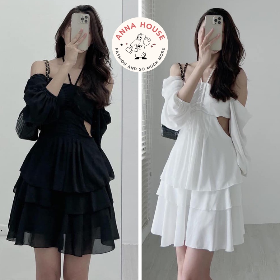 Đầm thiên nga 3 tầng dáng ngắn tay dài trễ vai hở lưng eo, váy 2 dây trễ vai xòe ngắn dài tay dự tiệc tiểu thư đi biển
