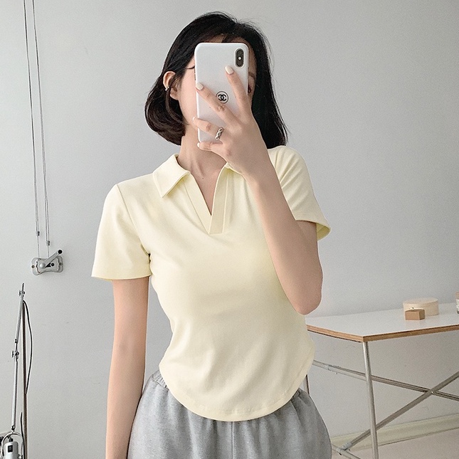 Áo thun ZHELIHANGFEI polo ngắn tay eo cao thiết kế quyến rũ thời trang