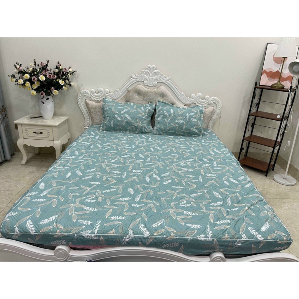 (Hàng loại 1)  Bộ 3 chi tiết: Drap bo chun, 2 vỏ gối đầu trần bông xịn xò - Mẫu Lá tre, chat chọn mẫu thoải mái