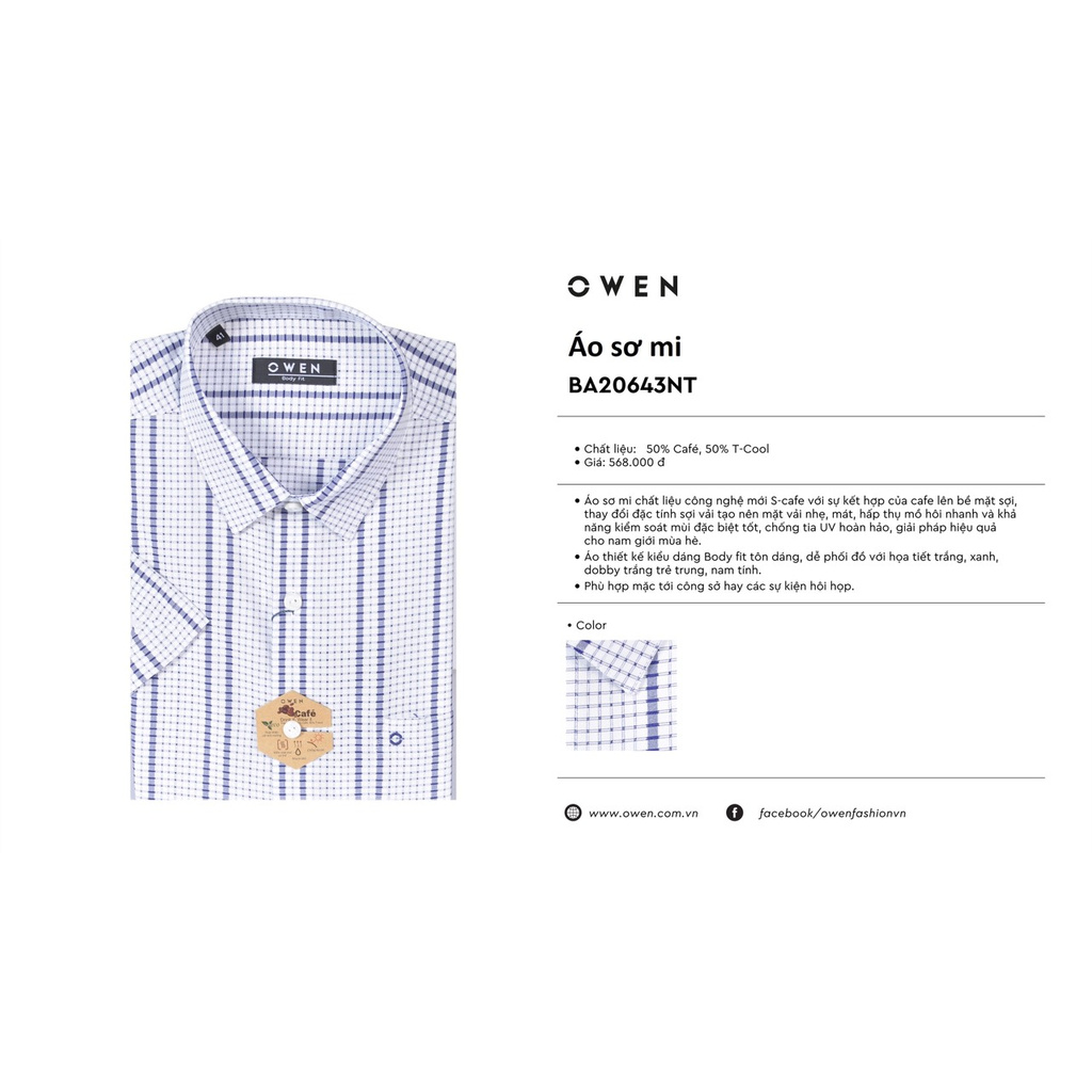 Áo Sơ Mi Nam Ngắn Tay Owen BA20643NT Somi Cộc Tay Công Sở Cao Cấp Màu Trắng Kẻ Sọc Xanh Chất Cafe Dáng Body Fit Tà Bằng | BigBuy360 - bigbuy360.vn