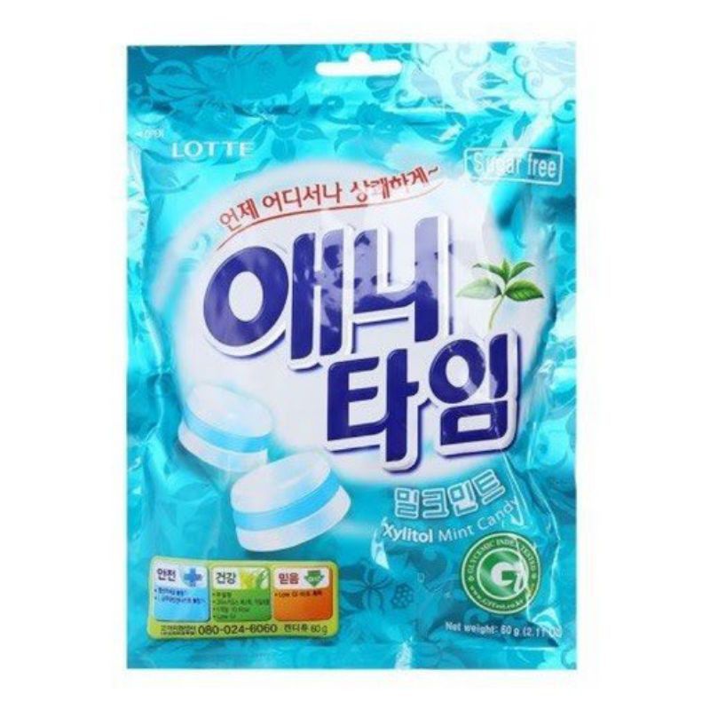 Kẹo Lotte Anytime không đường vị bạc hà/chanh/đào 60g