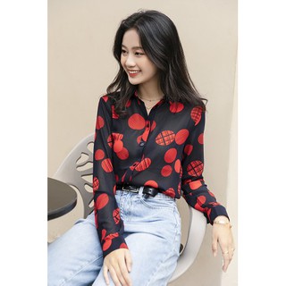 Áo sơ mi nữ dài tay voan xanh đen bi đỏ