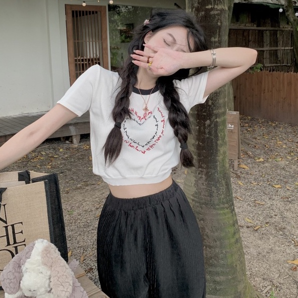 Áo thun dệt kim ZHELIHANGFEI tay ngắn hở eo thêu chữ dễ thương thời trang