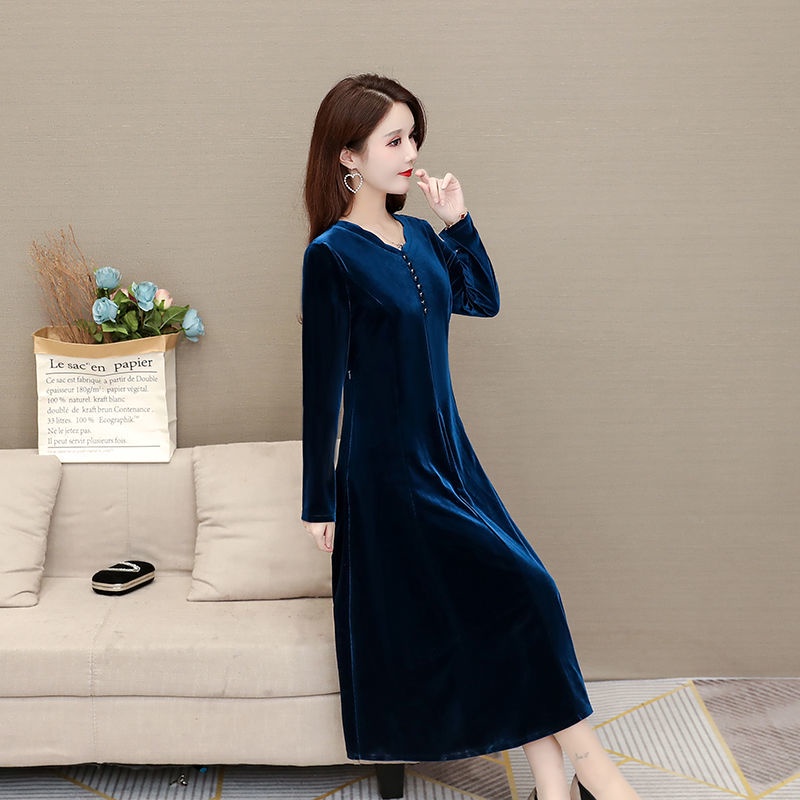 Va 'y Đầm Nhung Dáng Dài Qua Gối Phong Cách Phương Tây Thời Trang Mùa Thu 2021 Mới Mẻ Cho Phụ Nữ Trung Niên