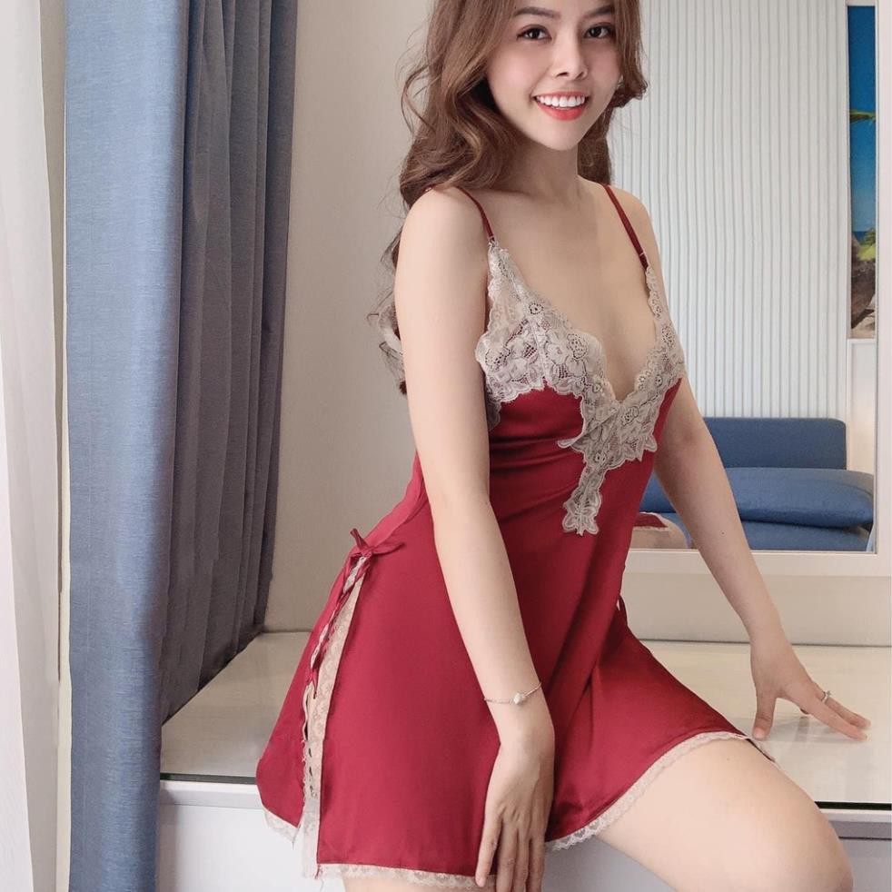 Váy ngủ lụa ren ngực sexy đầm ngủ hai dây xẻ tà hàng nhập cao cấp màu đỏ | BigBuy360 - bigbuy360.vn