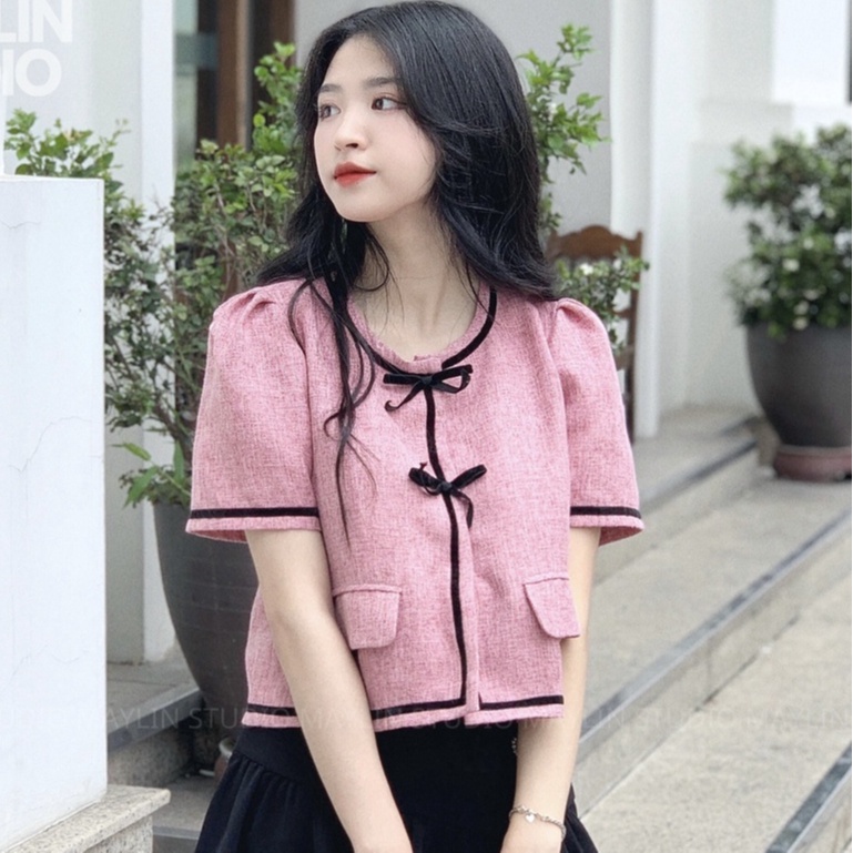 Áo Sơ Mi Hồng Nữ Nơ Điệu Tiểu Thư Dáng Suông Thiết Kế Chất Dạ Tweed Cao Cấp Hot Nhất 2022 Mã AA06