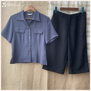 Combo áo sơ mi voan xanh + quần culottes đen | secondhand | đô si la mi | a107 |