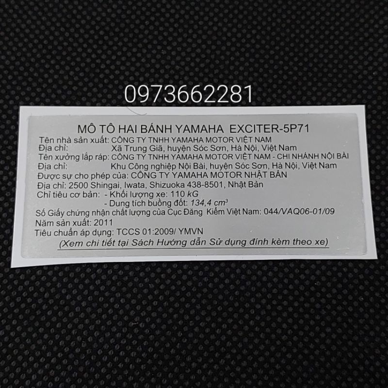 Tem dán càng gắp EXCITER 2011. 5P71, Tem thông số năm Sản xuất 135