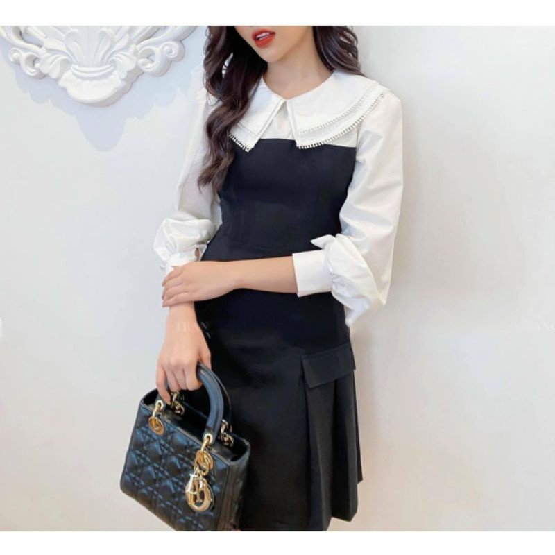 ĐẦM ĐEN PHỐI TAY CỔ PETER TẦNG TRẮNG