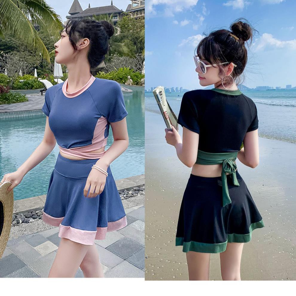 Bộ đồ bơi nữ bikini đi biển croptop cộc tay dáng váy kín đáo tôn dáng ་