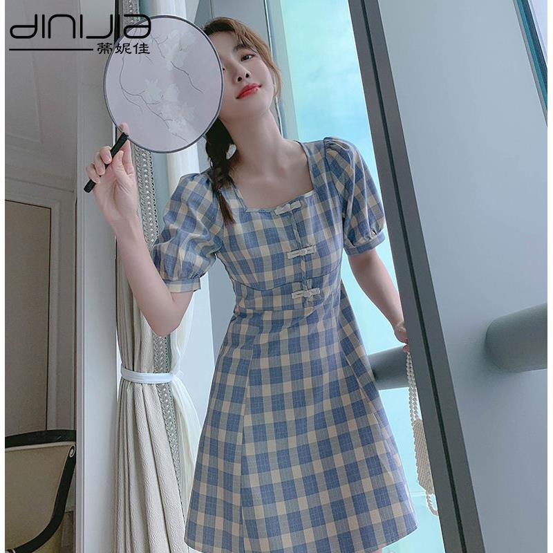 Đầm Cổ Vuông Eo Cao Vừa Phải Dáng Ôm Họa Tiết Kẻ Ô Màu Xanh Dương Cổ Điển Thời Trang Cho Nữ