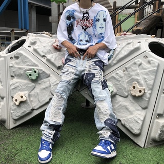 Quần Jeans ông rộng rách lưa tưa phối hoa tiết vá phong cách đường phố, Quần Jeans hiphop oversize Streetwear