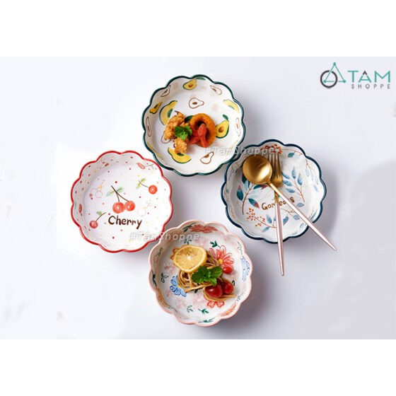 Dĩa gốm sứ cao cấp tròn vành nhún bèo vẽ họa tiết Summer Style tttm
