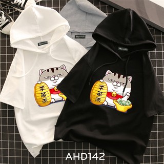 AHD142 Áo thun teen nam nữ HOODIE TAY LỠ CÓ NÓN hình mèo ami chiêu tài