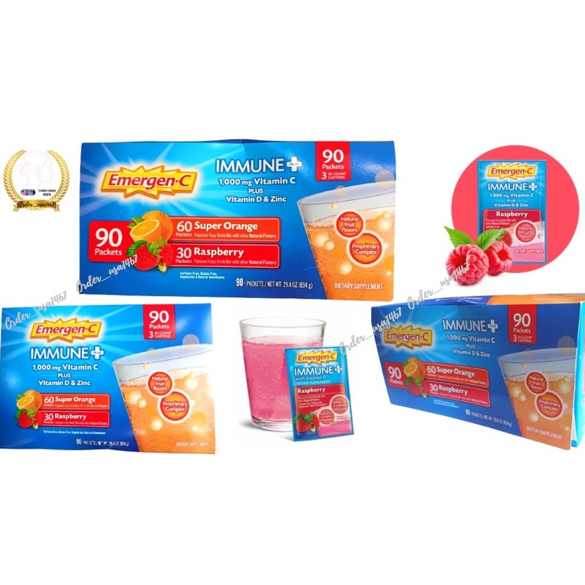 Bột hòa tan C tăng đề kháng Emergen-C Immune Plus Vitamin D ,Raspberry Flavor Mỹ (90 gói/834g) Mẫu mới