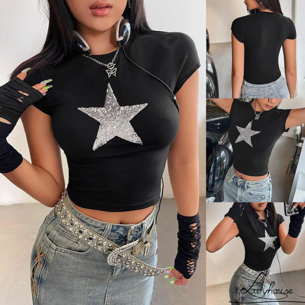 Áo Thun Croptop Tay Ngắn Cổ Tròn In Hình Ngôi Sao Đính Kim Sa Lấp Lánh Thời Trang Mùa Hè Cho Nữ