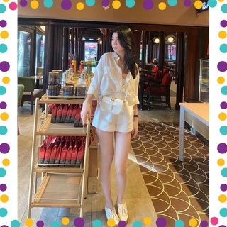 Set quần áo nữ áo sơ mi đũi và quần short trắng cực cá tính