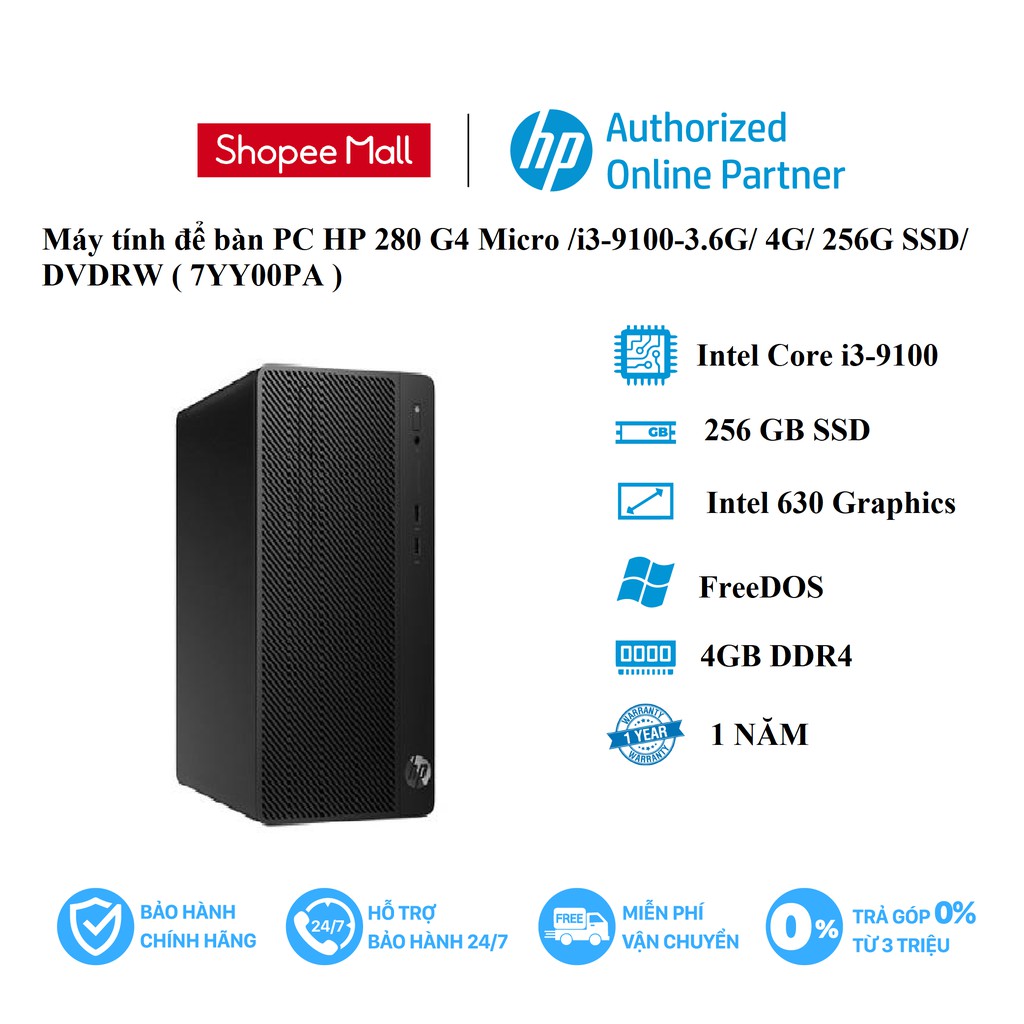 Máy tính để bàn PC HP 280 G4 Micro /i3-9100-3.6G/ 4G/ 256G SSD/ DVDRW (7YY00PA).