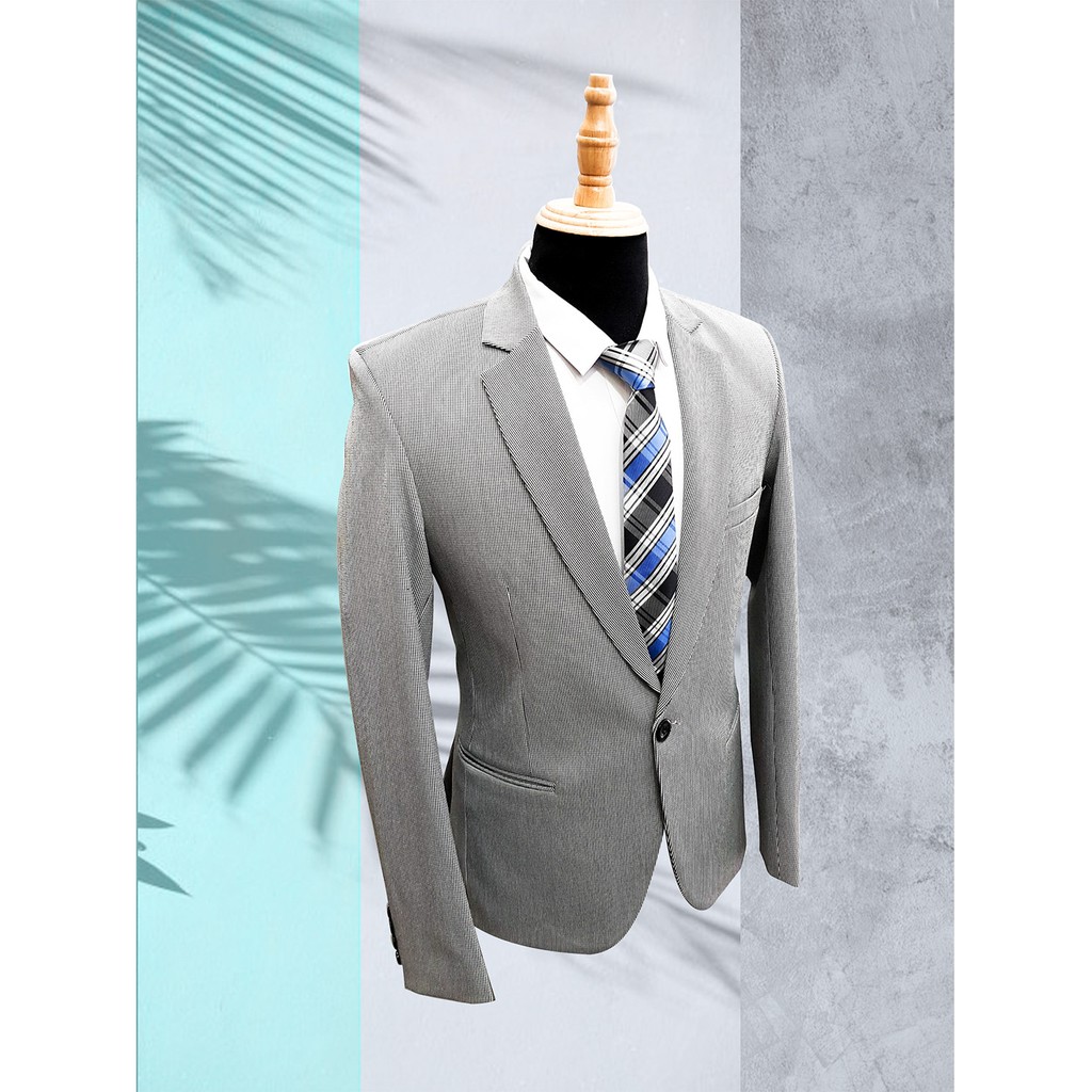Bộ vest nam tông xám ghi chấm đen nhuyễn chất liệu vải cao cấp dày mịn co giãn tặng combo phụ kiện