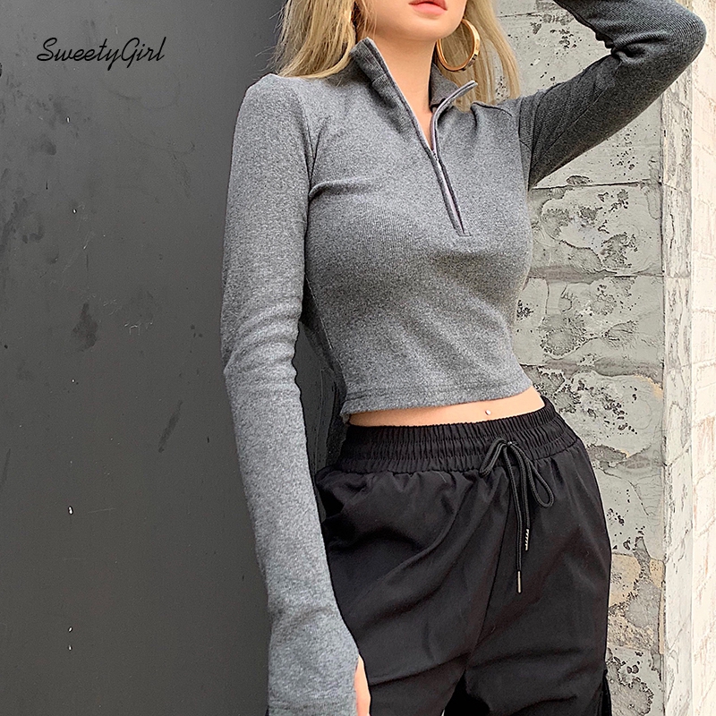 SweetyGirl Women Polo Shirt Fashion Solid Color High Collar Zippered Long Sleeves Slim Fit Casual All Match Tops | BigBuy360 - bigbuy360.vn