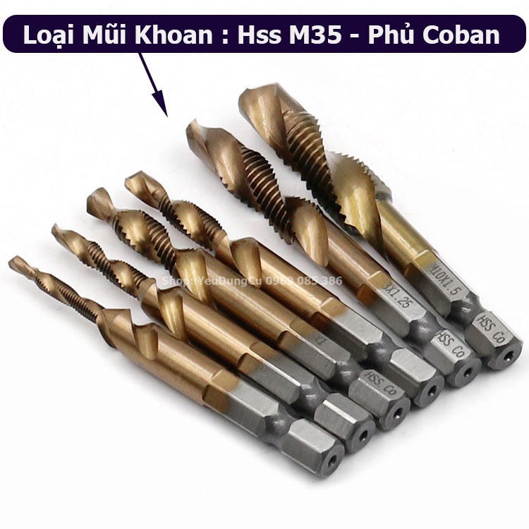 Mũi khoan taro ren Xịn HSS-M35 phủ Coban từ M3 đến M10. Mũi tạo ren chuôi lục giác chuẩn 6.35mm