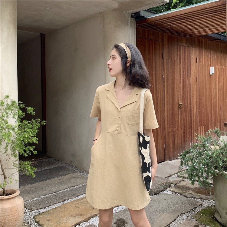 Xiaozhainv Đầm midi tay ngắn dáng rộng màu trơn phong cách Hàn Quốc | BigBuy360 - bigbuy360.vn