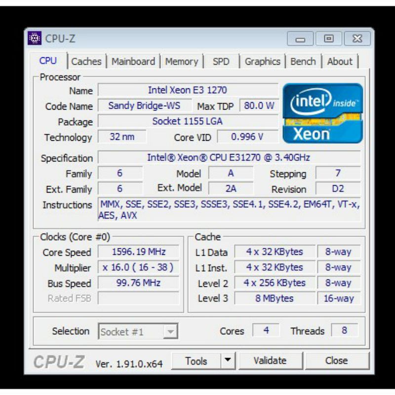 Bộ vi xử lý CPU xeon E3 1270 sk 1155 tương đương i7 2600