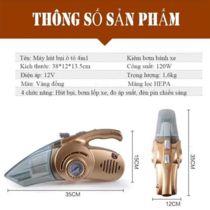 Máy Hút Bụi Ô Tô Xe Hơi Mini Cầm Tay Đa Năng 4 trong 1 Kiêm Bơm Lốp Xe Đèn Pin Và Đo Áp Suất Xe Cắm Tẩu ô tô VTM