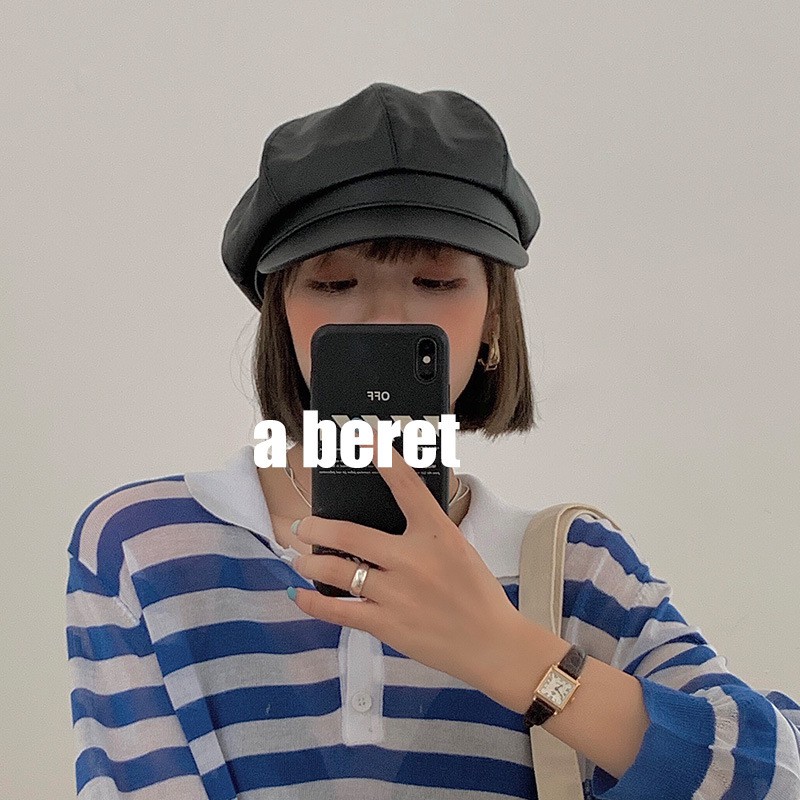 Mũ nồi da Baker Boy Nón beret da PU Bóng Cá tính Ulzzang Hàn Quốc Thủy thủ Thời trang