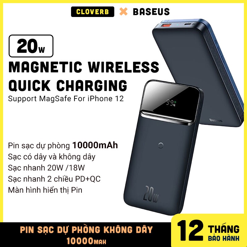 Pin Dự Phòng Không Dây 10000mAh BASEUS Magnetc Wireless Quick Charging, Sạc Nhanh PD 20W, Hỗ Trợ MagSafe Cho iPhone 13