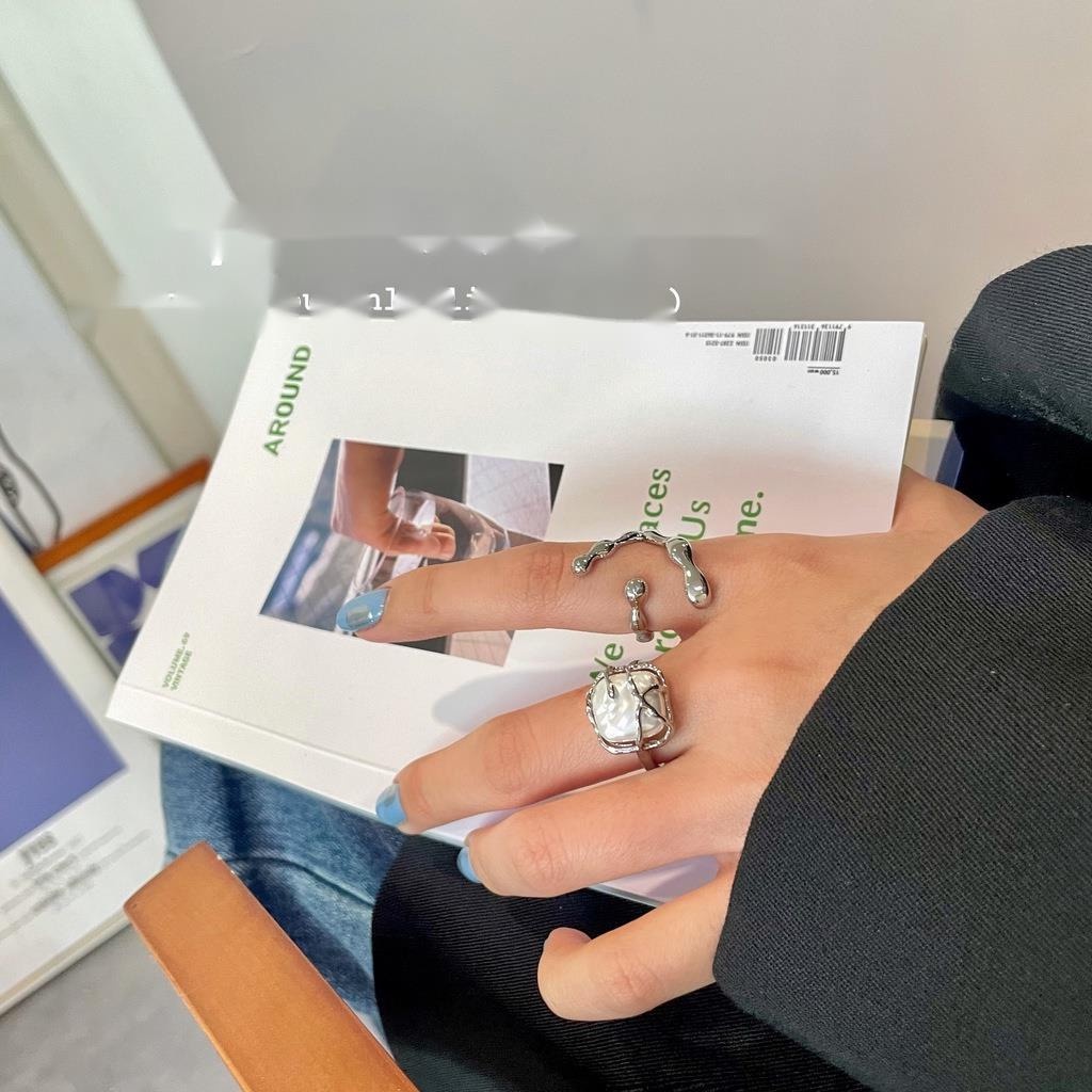 Nhẫn Kim Loại Đính Hạt Ngọc Trai Hình Vuông Phong Cách Hàn Quốc