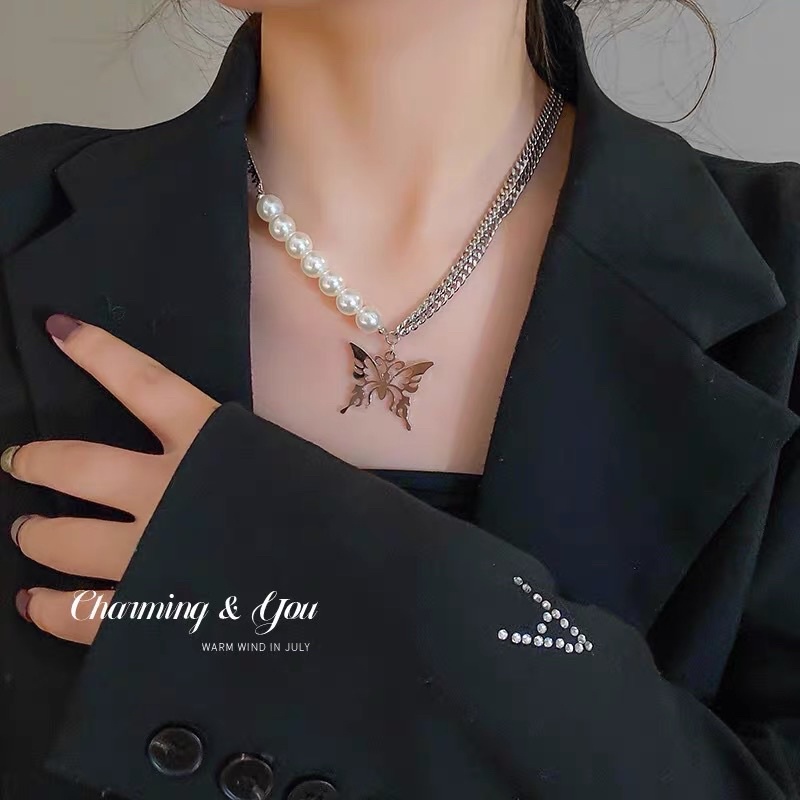 Dây Chuyền Ngoc Trai - Vòng Cổ Nhiều Lớp Hồ Điệp Top Phong Cách Hàn Quốc Annieshop(Có clip,Ảnh thật)