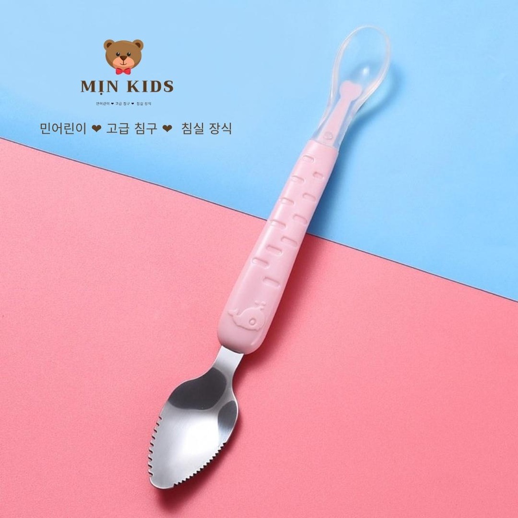 Thìa nạo hoa quả 2 đầu cho bé kết hợp thìa ăn dặm MỊN KIDS, nhỏ gọn tiện lợi
