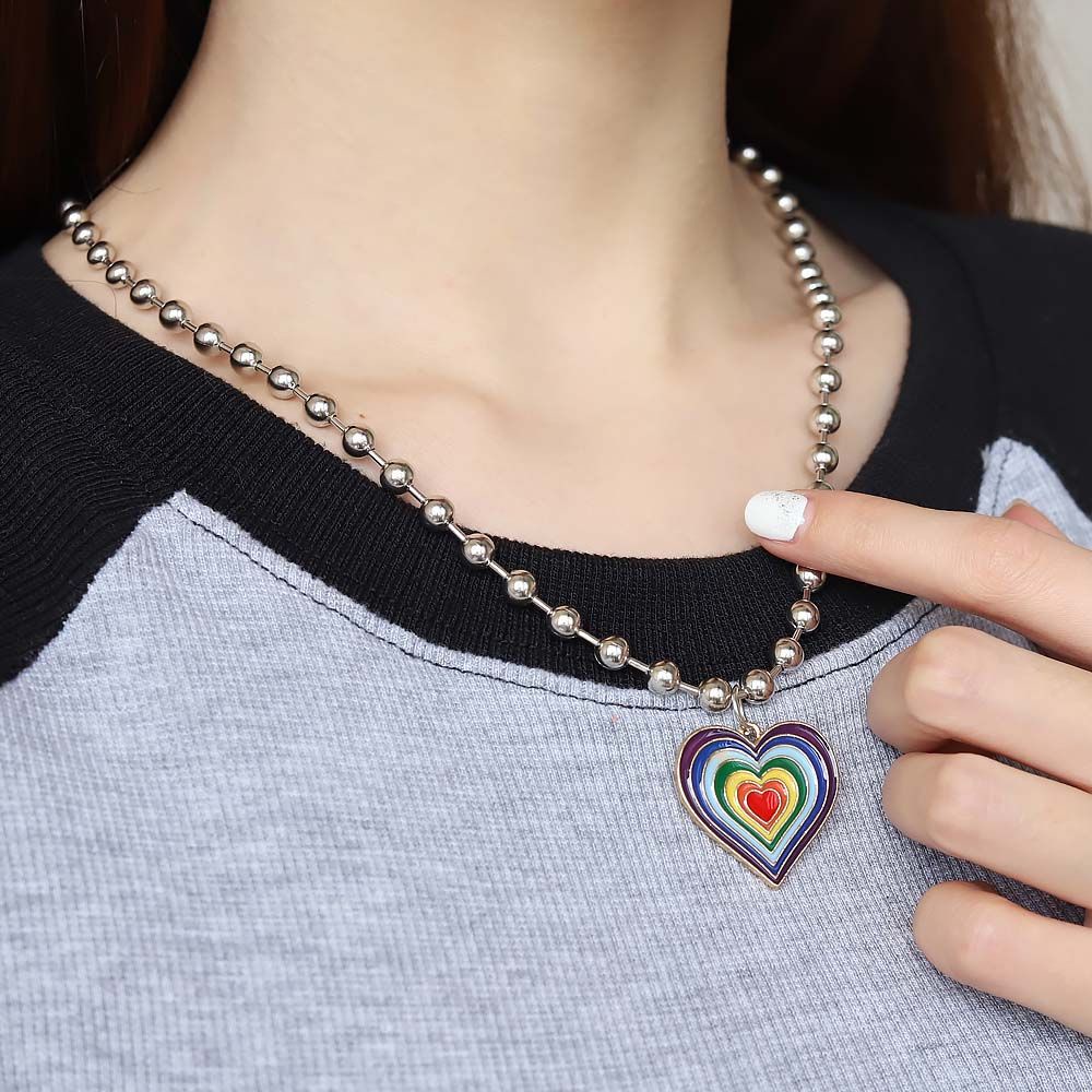 Dây chuyền hợp kim mặt trái tim màu cầu vồng phong cách Hàn Quốc ngọt ngào độc đáo cho nữ