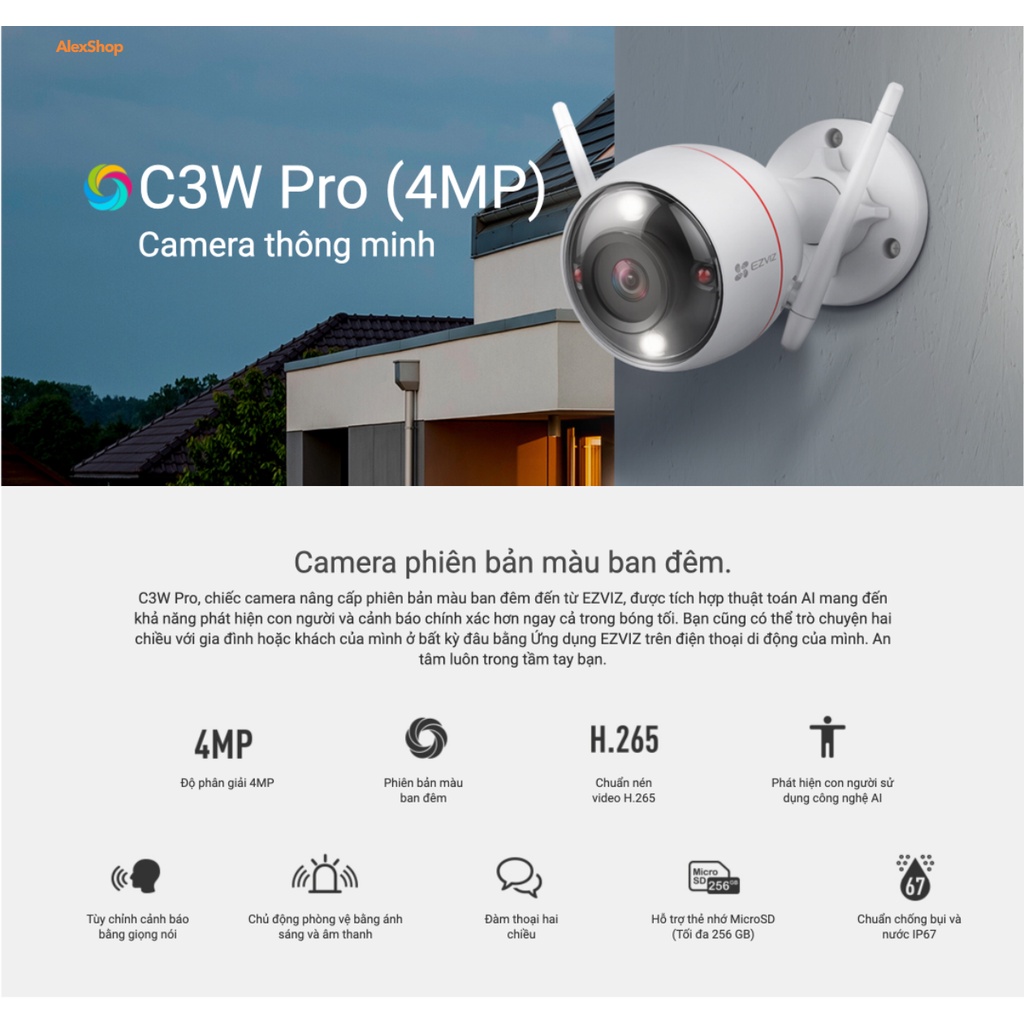 Camera Ngoài Trời Ezviz C3W Pro Độ Phân Giải 2K QHD WiFi Quay Màu Ban Đêm - Chính Hãng