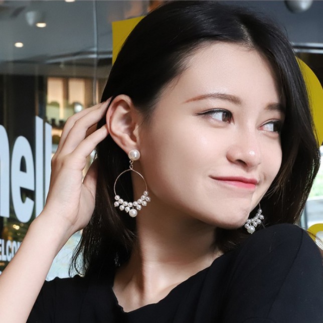 Hoa Tai Dáng Dài Đính Ngọc Trai Nhân Tạo Phối Nơ Phong Cách Hàn Quốc Cho Nữ